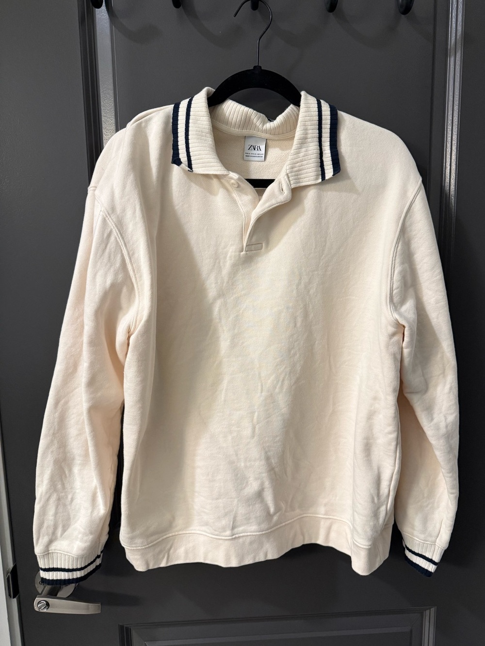 Zara Cream Rugby-Collar Long Sleeve Pullover with Navy Trim